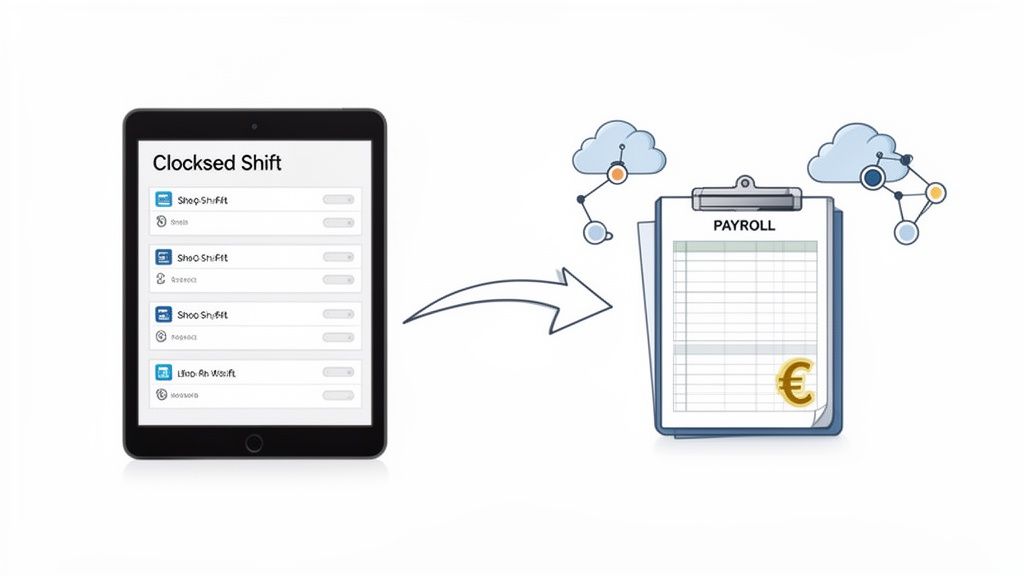 Illustratie: Een tablet met shiftregistratie die leidt tot salarisverwerking op een payroll-document met een euroteken.