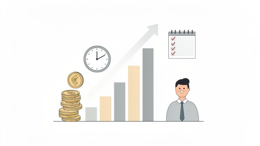 Graphique de croissance financière, pièces de monnaie, horloge, calendrier et homme souriant, représentant le succès.