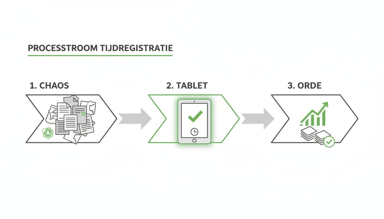 Afbeelding toont de processtroom van tijdregistratie: van handmatige chaos naar digitale registratie via tablet, resulterend in overzicht en orde.