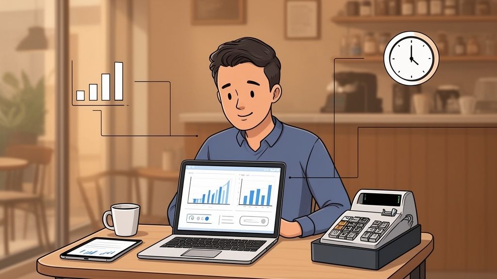 Een man beheert bedrijfsgegevens met laptop, tablet en kassasysteem, met tijdregistratie-iconen.