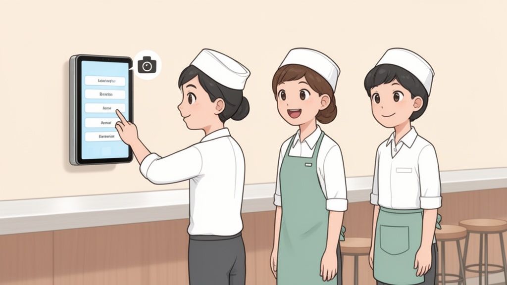 Drie restaurantmedewerkers gebruiken een wandtablet voor tijdregistratie of kassasysteem.