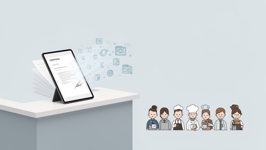 Une tablette affiche un contrat signé numériquement avec des icônes d'applications, aux côtés d'employés de divers secteurs.