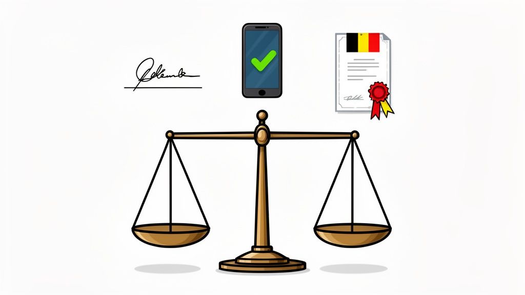 Balances de justice avec signature manuscrite, smartphone validé et document officiel belge scellé.