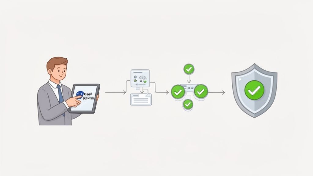 Een man gebruikt een tablet, die een geautomatiseerd proces met controles en beveiliging activeert.