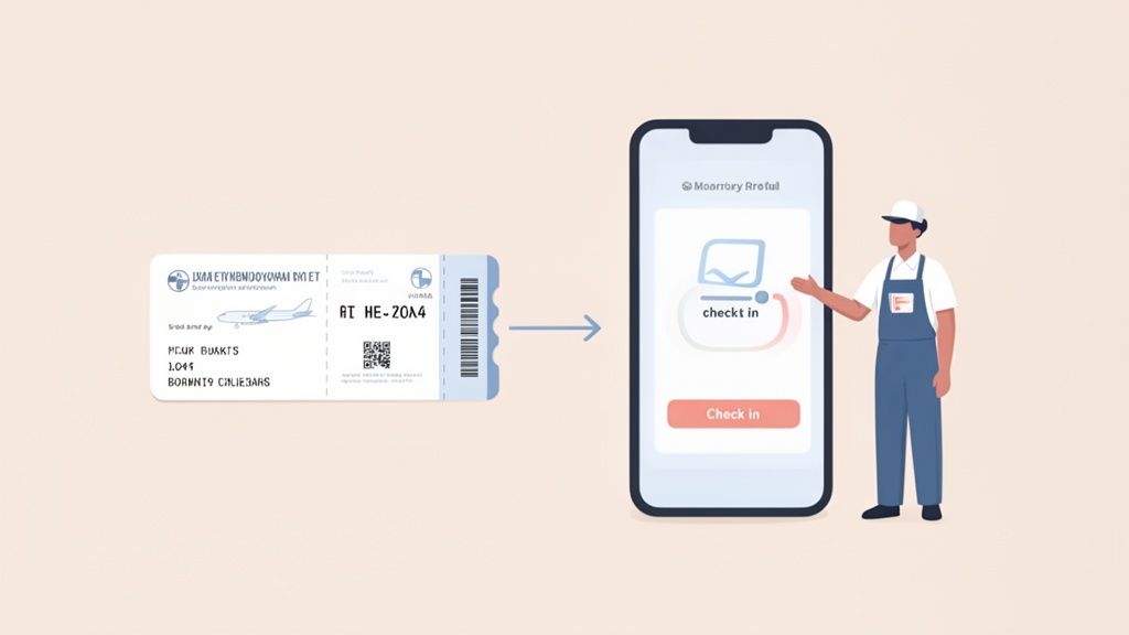 Een illustratie van een fysiek vliegticket dat verandert in een mobiele check-in op een smartphone, ondersteund door een medewerker.