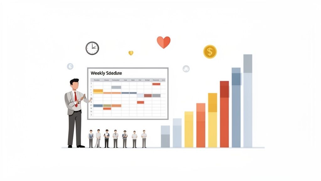 Un homme présente un tableau de planification hebdomadaire, des graphiques de progression et des icônes de gestion.
