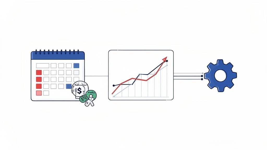 Illustration d'un calendrier, de symboles monétaires, d'un graphique de croissance et d'un engrenage, représentant la planification financière et l'automatisation.