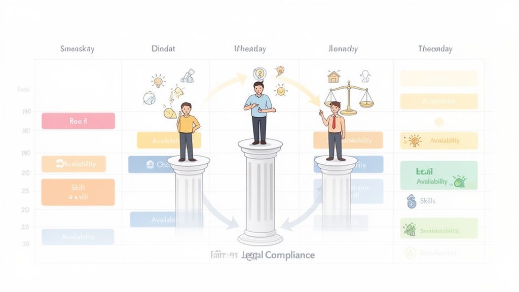 Une grille de calendrier affichant la planification hebdomadaire avec des ressources, compétences et conformité légale.