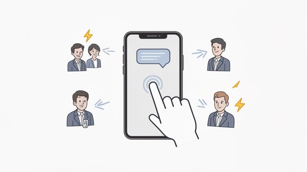 Une main utilise un smartphone, affichant un message, pour interagir avec des professionnels d'affaires, symbolisant la communication numérique.