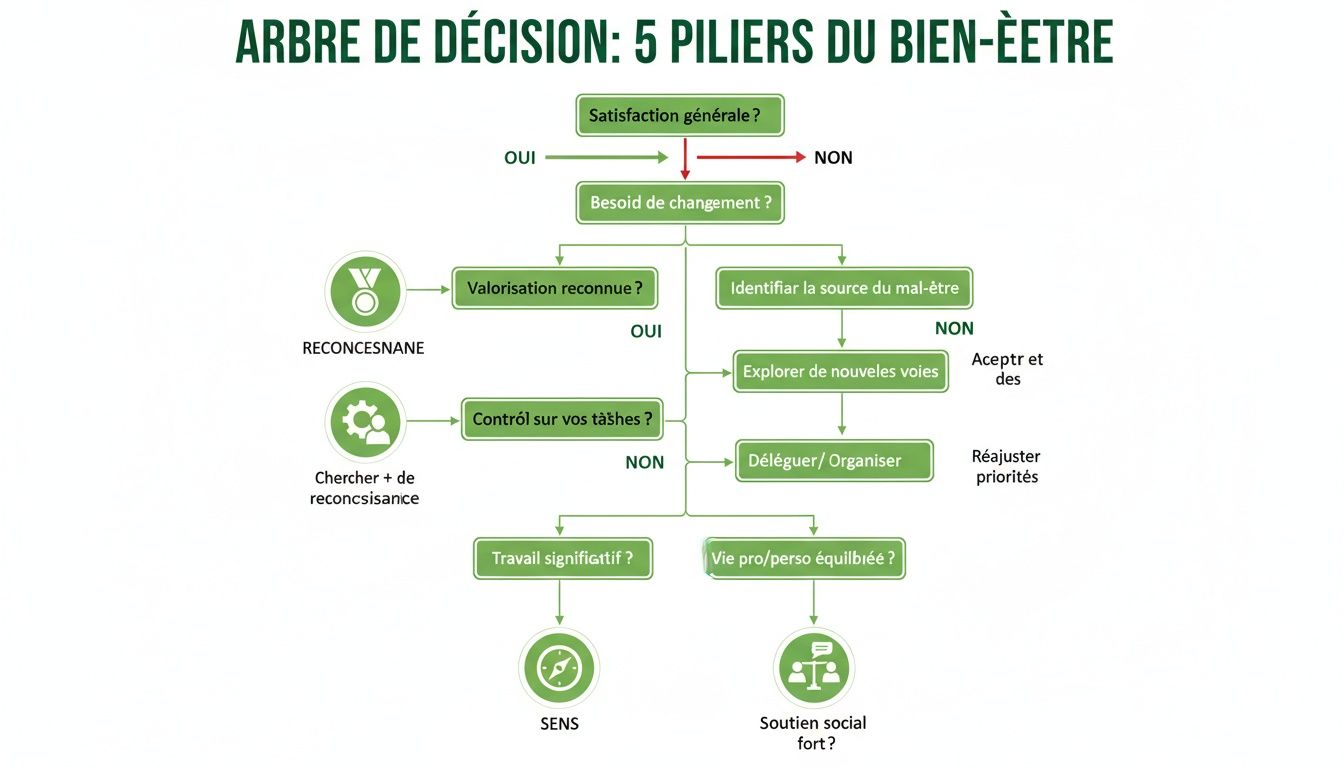 Arbre de décision illustrant les 5 piliers du bien-être : satisfaction, reconnaissance, contrôle, sens et soutien social.