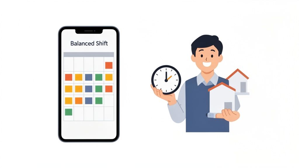Un smartphone affichant un calendrier de quarts équilibrés et un homme souriant avec une horloge et des maisons.