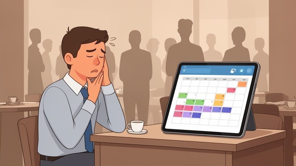 Gestresste man kijkt naar een complexe planning op een tablet, met silhouetten van mensen op de achtergrond.