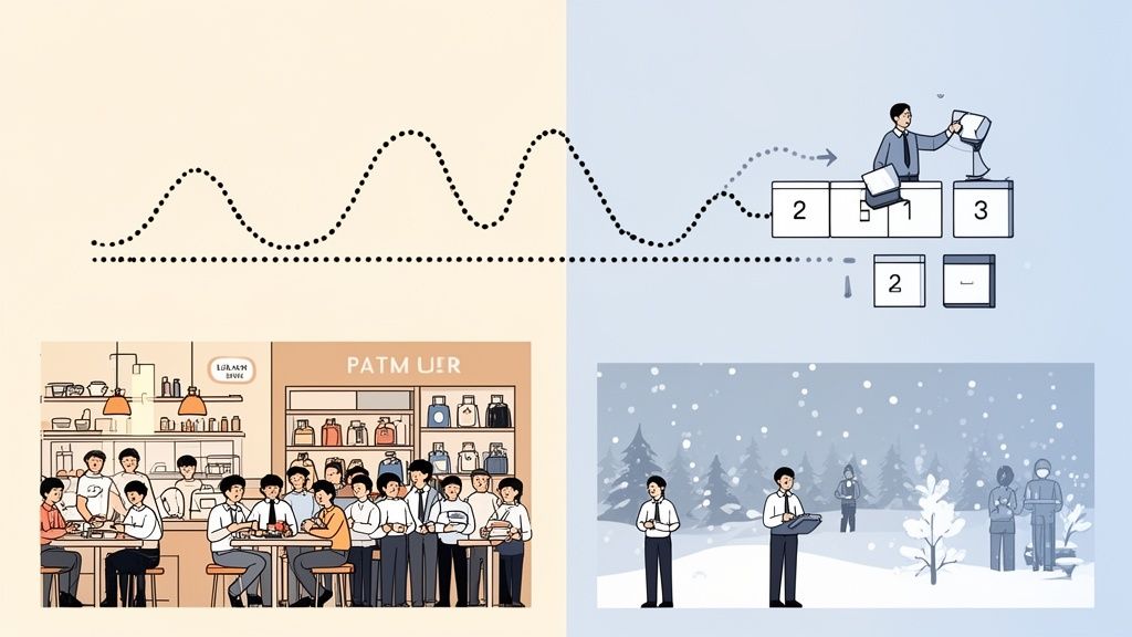 Quatre illustrations variées : graphiques de données, travailleurs dans un café, et personnes dans un paysage enneigé.