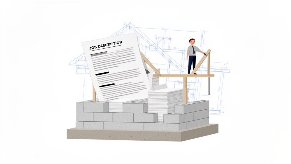 Un homme d'affaires construit une structure de blocs de béton et d'échafaudages, avec une fiche de poste et des plans architecturaux.