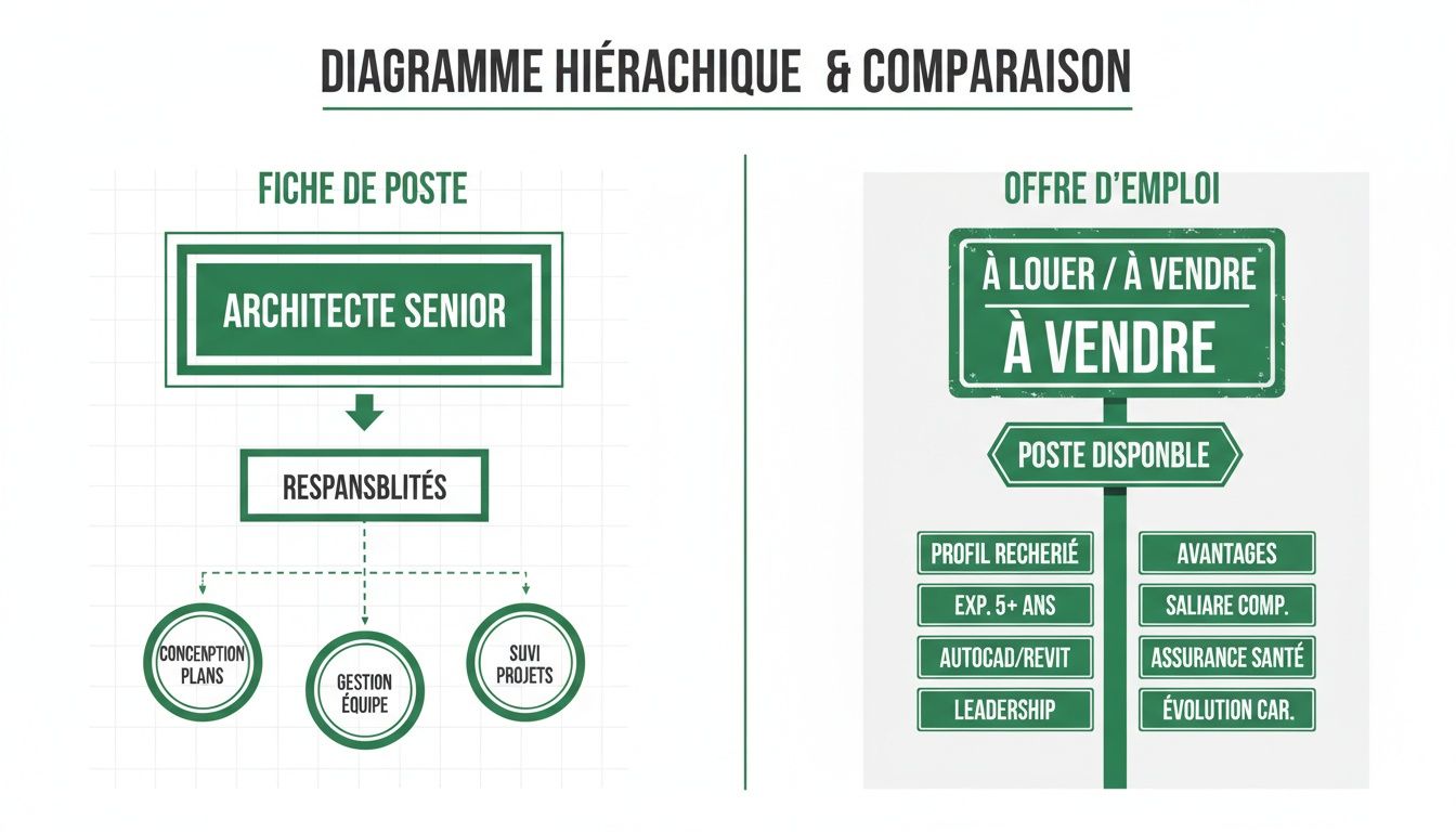 Diagramme hiérarchique comparant une fiche de poste d'architecte senior et une offre d'emploi détaillée.