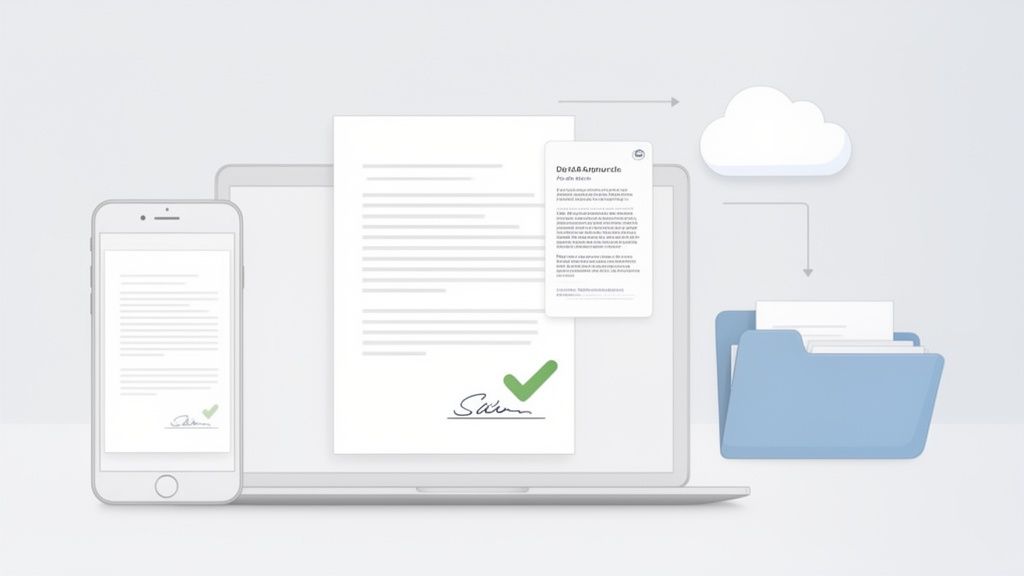 Digitaal ondertekende documenten, inclusief een addendum, weergegeven op laptop en smartphone, opgeslagen via de cloud in mappen.