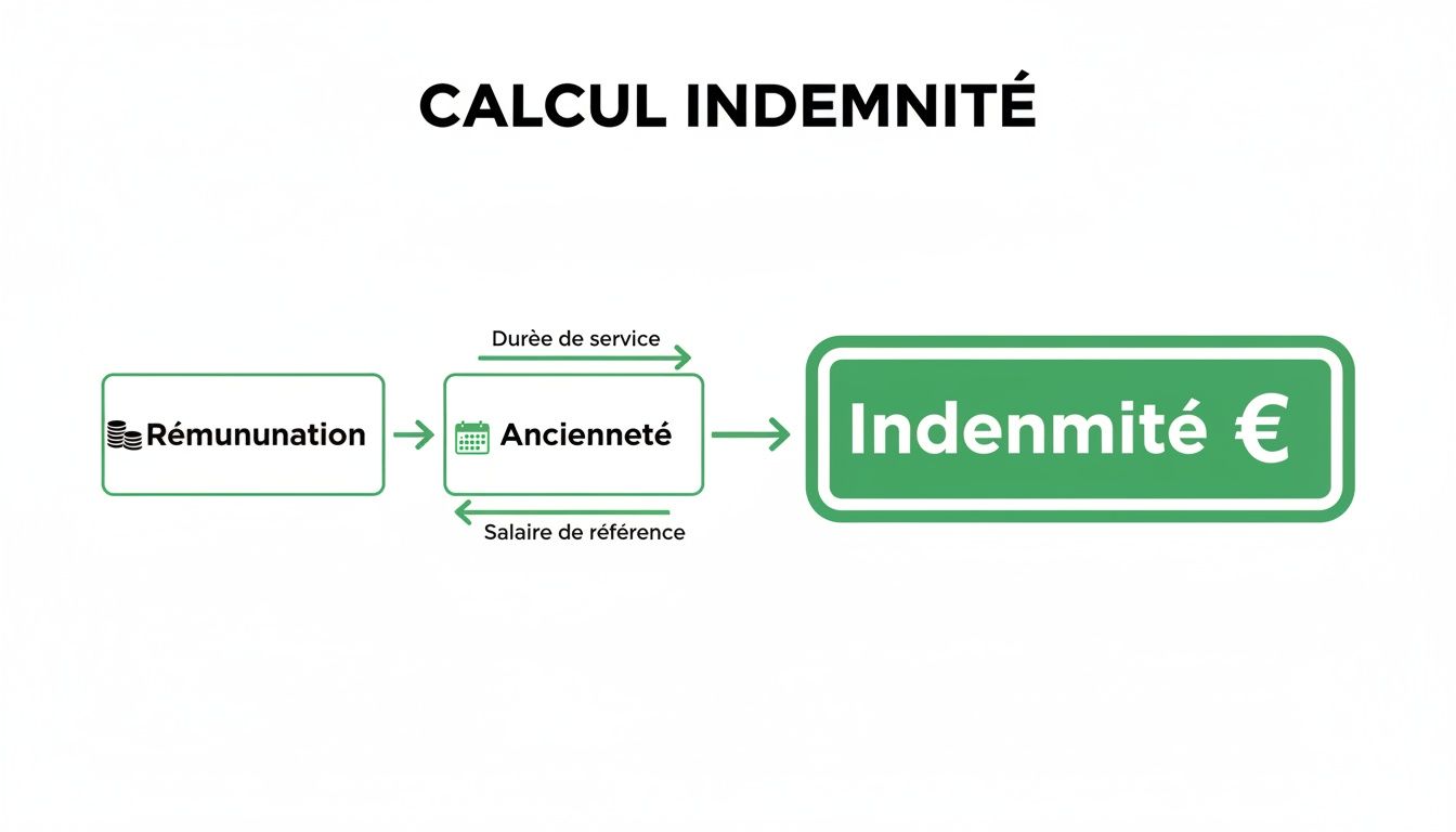 Schéma illustrant le calcul d'une indemnité, intégrant la rémunération, l'ancienneté, la durée de service et le salaire de référence.