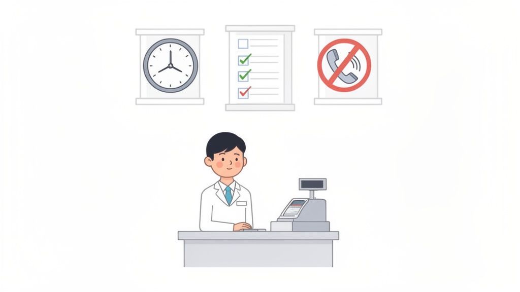 Illustration d'un professionnel en blouse blanche avec une caisse, des symboles de temps, tâches et absence d'appels.