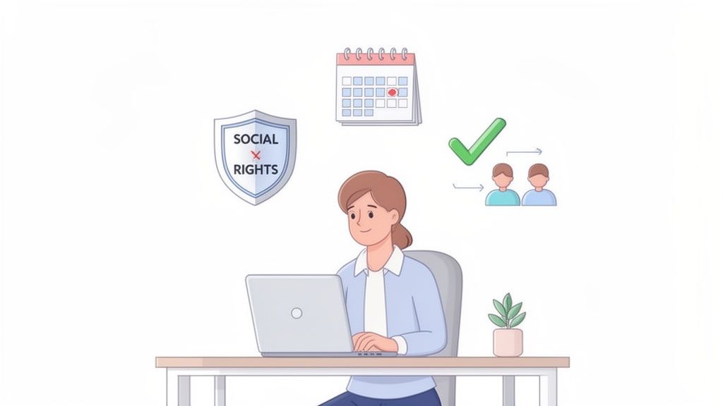 Vrouw werkt aan laptop, omringd door iconen voor sociale rechten, een kalender en personen, duidt op online administratie.