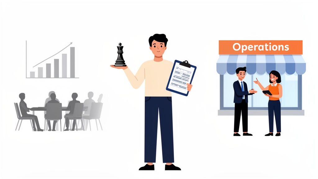 Une illustration de la stratégie d'entreprise, de la gestion et des opérations, incluant une réunion et un graphique de croissance.