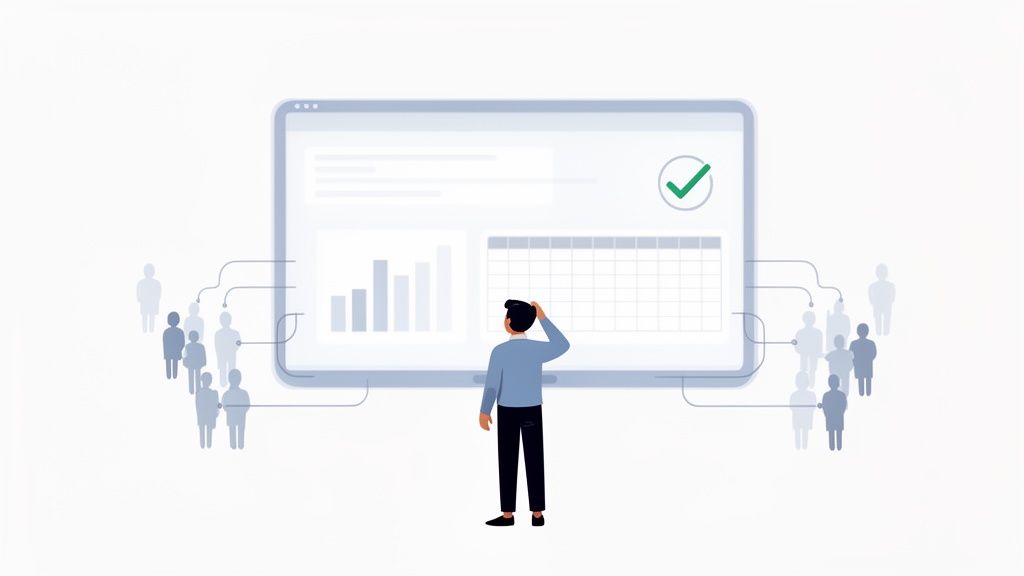 Un homme analyse des données RH sur un grand écran affichant graphiques et tableaux, relié à des groupes de personnes.