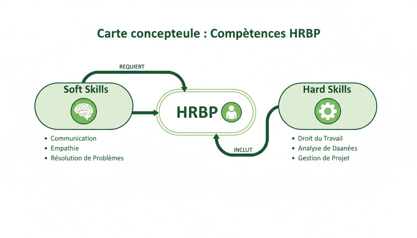 Carte conceptuelle des compétences HRBP, détaillant les soft skills (communication, empathie) et hard skills (droit du travail, gestion de projet).
