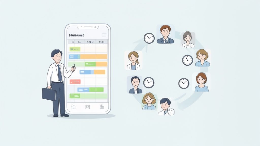 Un homme en costume consulte un planning sur un smartphone, entouré de personnes et d'horloges symbolisant la gestion du temps.