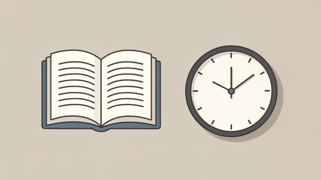 Un livre ouvert avec du texte et une horloge murale à côté sur un fond neutre.