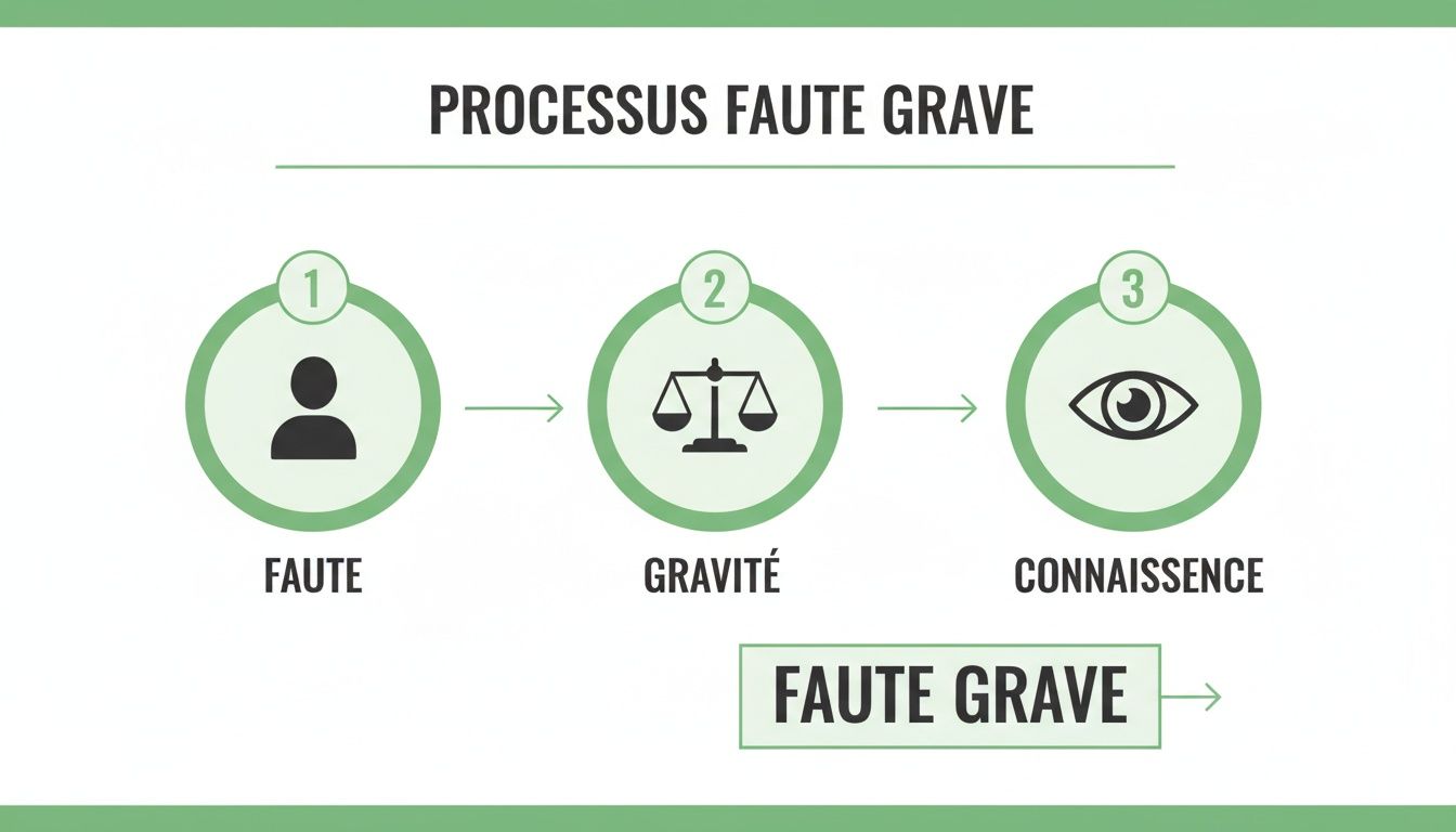Infographie illustrant le processus d'une faute grave : faute, gravité et connaissance menant à une faute grave.
