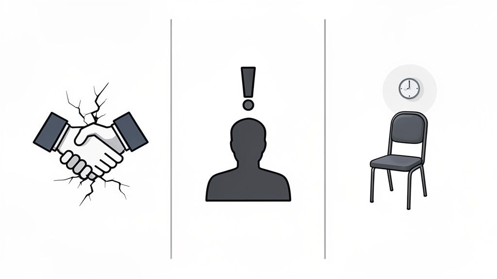 Poignée de main brisée, silhouette avec point d'exclamation et chaise vide avec horloge, symbolisant des problèmes professionnels.