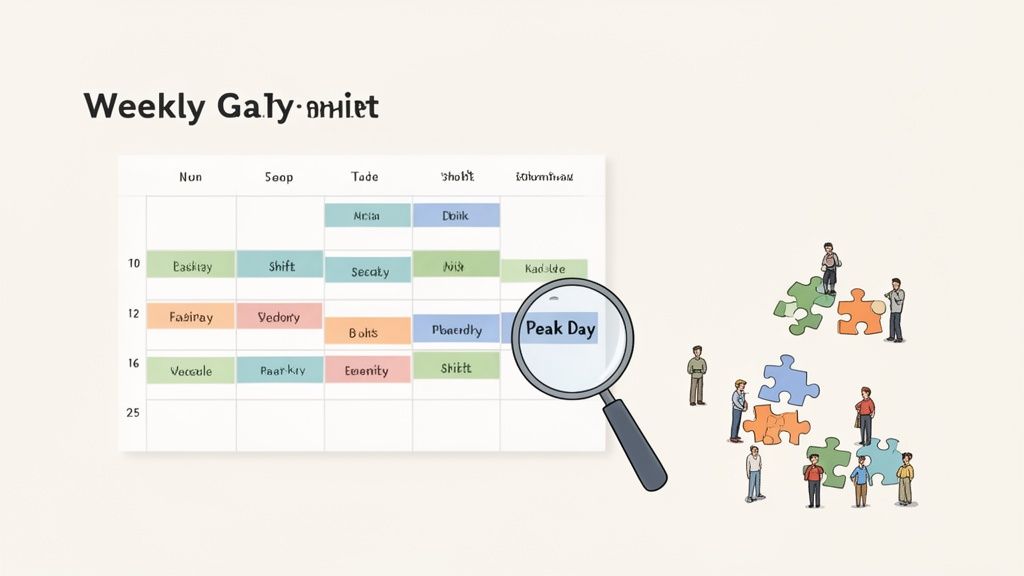 Un calendrier hebdomadaire avec des tâches, un 'Peak Day' et des personnes assemblant des pièces de puzzle colorées.