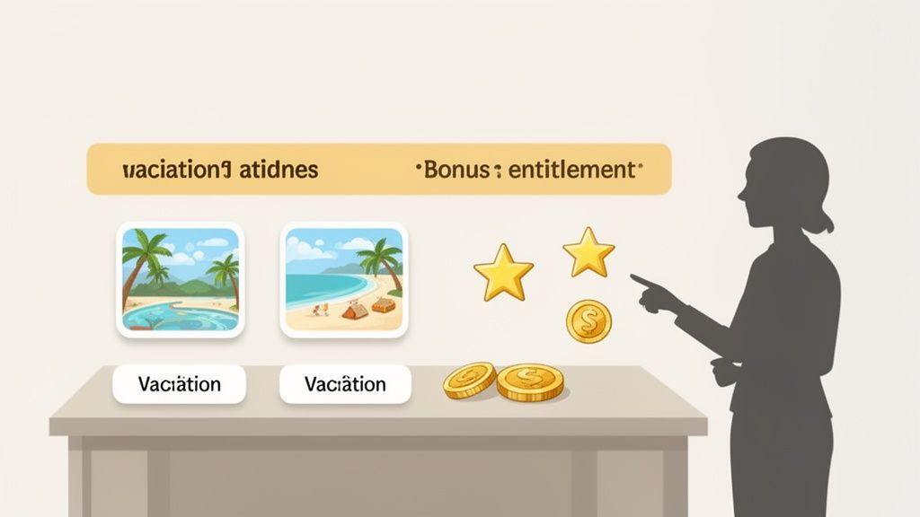 Une silhouette pointe des options de vacances et de bonus sur une table, avec des images de plage et des pièces d'or.
