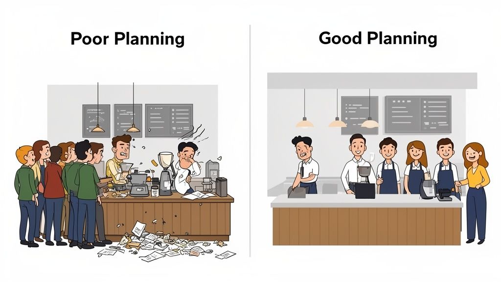 Image comparative montrant un café mal organisé avec file d'attente et un café bien planifié avec personnel souriant.