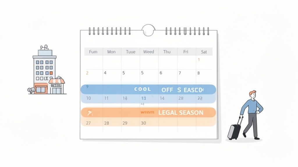 Un calendrier mural montrant les congés 'Cool Off Season' et 'Legal Season', avec un immeuble et un voyageur.