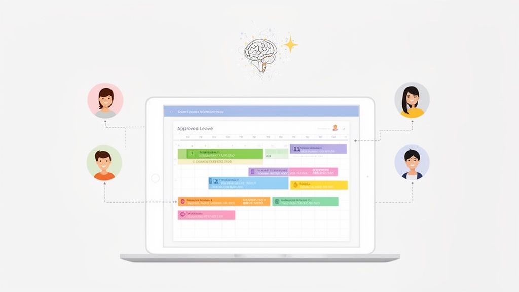 Tablette affichant un calendrier de congés approuvés avec des avatars d'employés connectés, symbolisant la gestion.