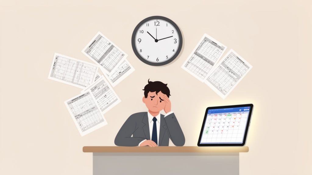 Een gestresste man zit aan zijn bureau, omringd door papieren, een klok en een tablet met rooster, wat werkdruk symboliseert.