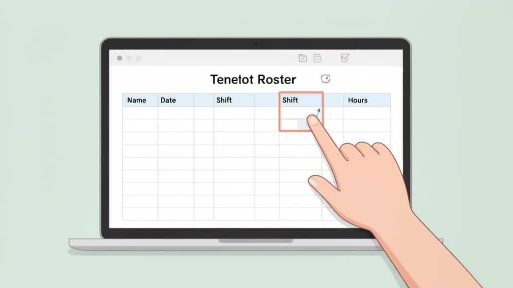 Een hand wijst naar de 'Shift' kolom in een Tenelot Rooster op een laptop, ideaal voor personeelsplanning.