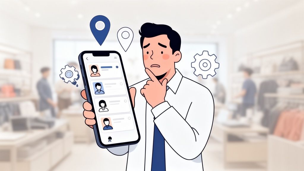 Un homme réfléchit en regardant son smartphone affichant une liste de personnes, des icônes de localisation et d'engrenage flottent autour.