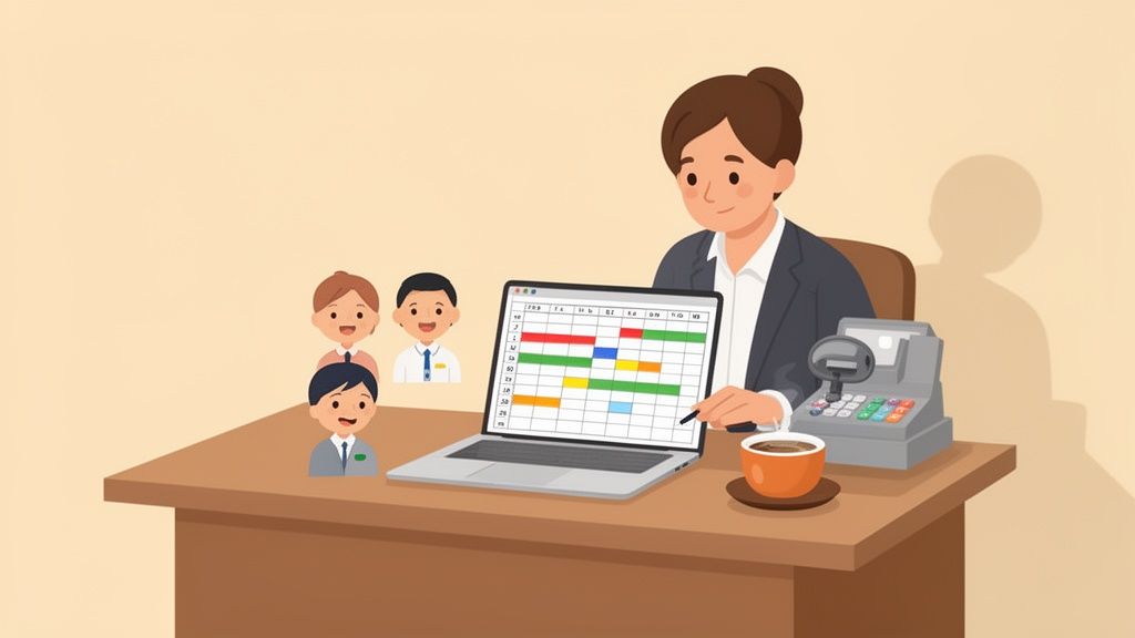 Femme organisant un planning de travail sur ordinateur portable avec des icônes d'employés, une caisse et une tasse de café.