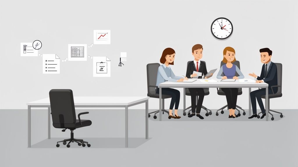 Quatre personnes en réunion d'affaires autour d'une table, des icônes de documents flottant au-dessus d'un bureau vide.