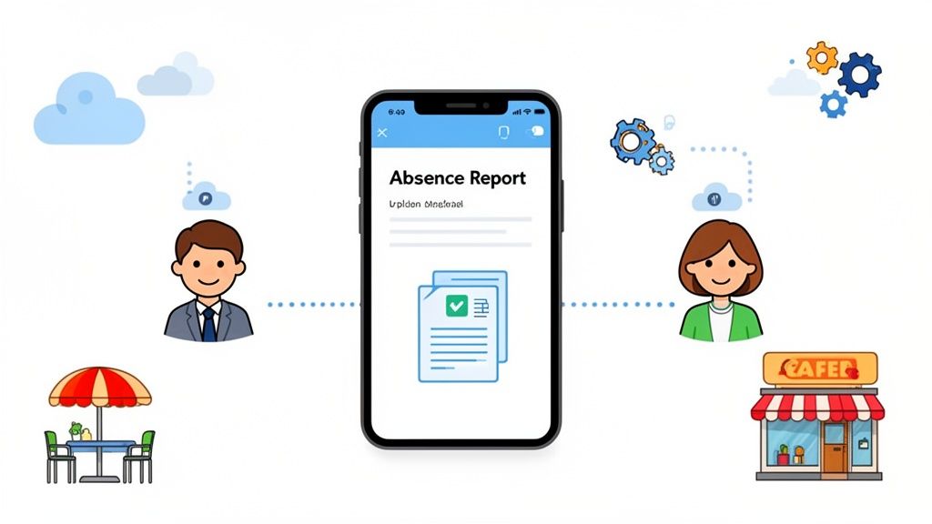 Application mobile pour la déclaration d'absence, reliant employés, employeurs et services cloud pour la gestion.