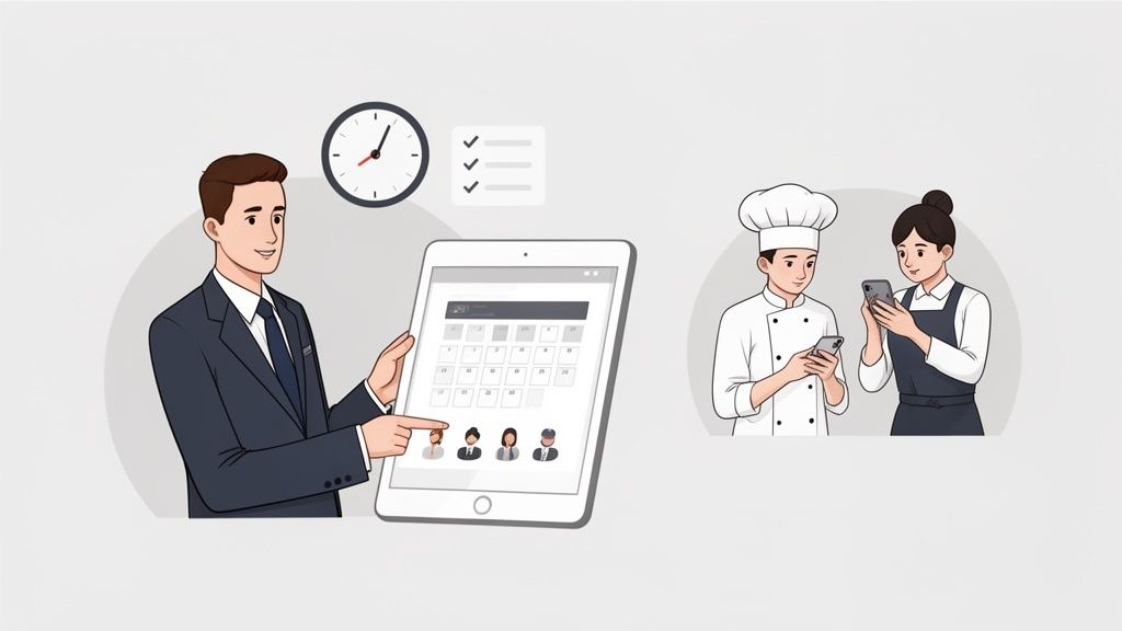 Man in pak beheert personeelsrooster op tablet; kok en serveerster controleren roosters op hun telefoons.