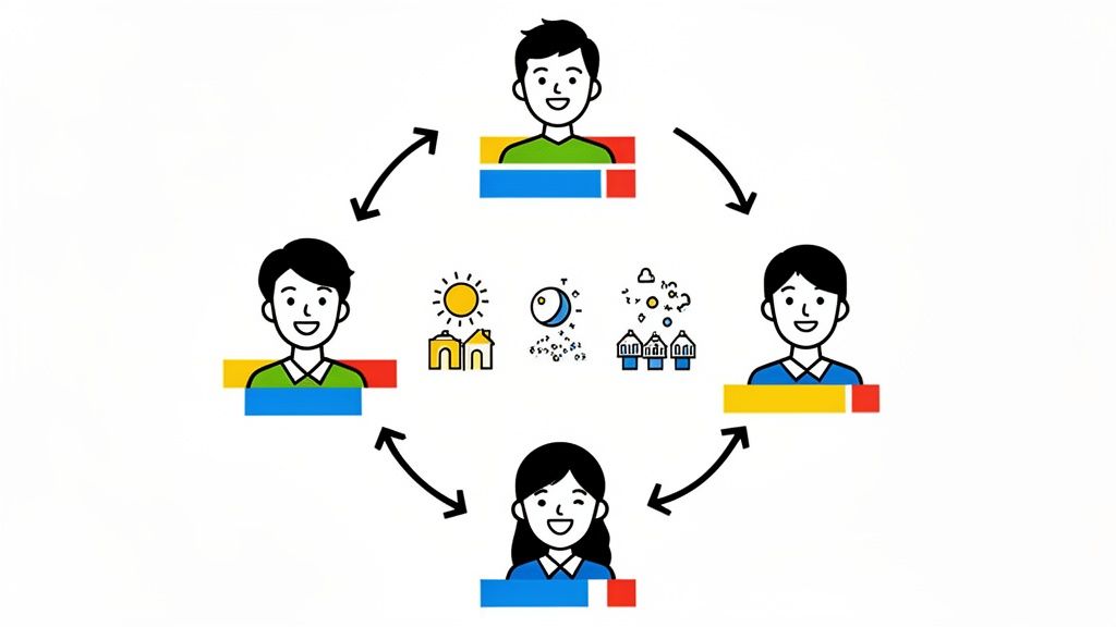 Quatre personnes et des icônes jour/nuit et météo, illustrant un planning de garde circulaire.