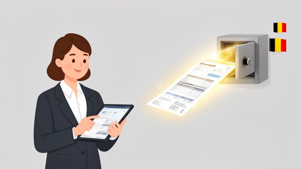 Une femme d'affaires gère des fiches de paie numérisées sur tablette, avec un coffre-fort et des drapeaux belges.
