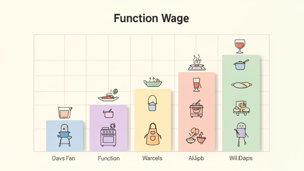 Staafdiagram 'Functieloon' toont vijf categorieën met keuken- en voedseliconen, elk met een ander loonniveau.