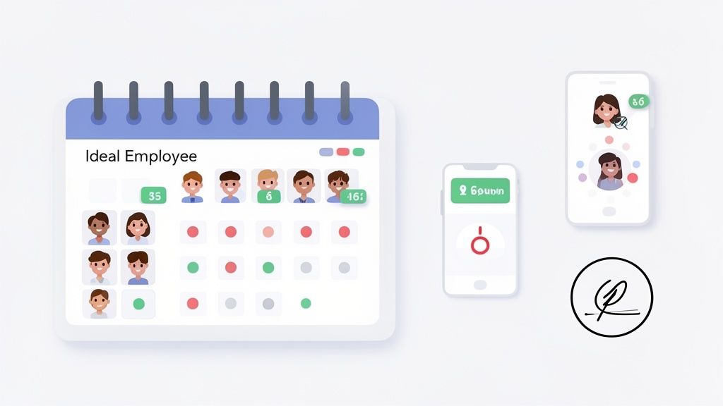 Interface de calendrier numérique pour la gestion des employés et le suivi du temps avec des applications mobiles, présentant des avatars et des indicateurs colorés.