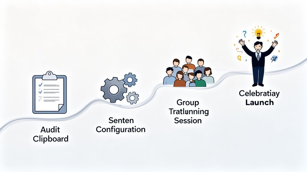Illustration d'un processus de quatre étapes : audit, configuration, formation d'équipe et lancement de projet.