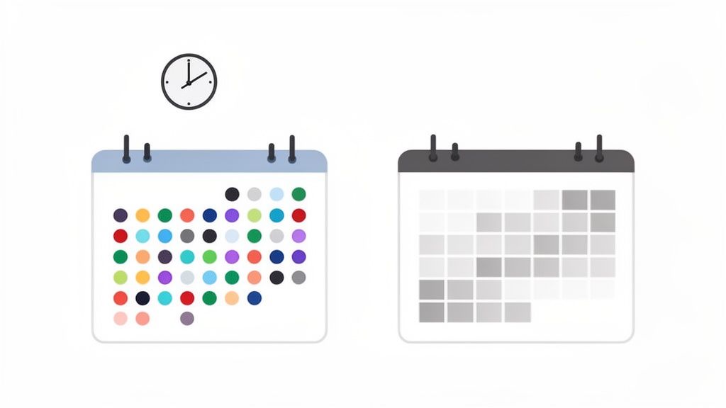 Une horloge et deux calendriers: un avec des points colorés, l'autre avec des cases grises, symbolisant la planification.