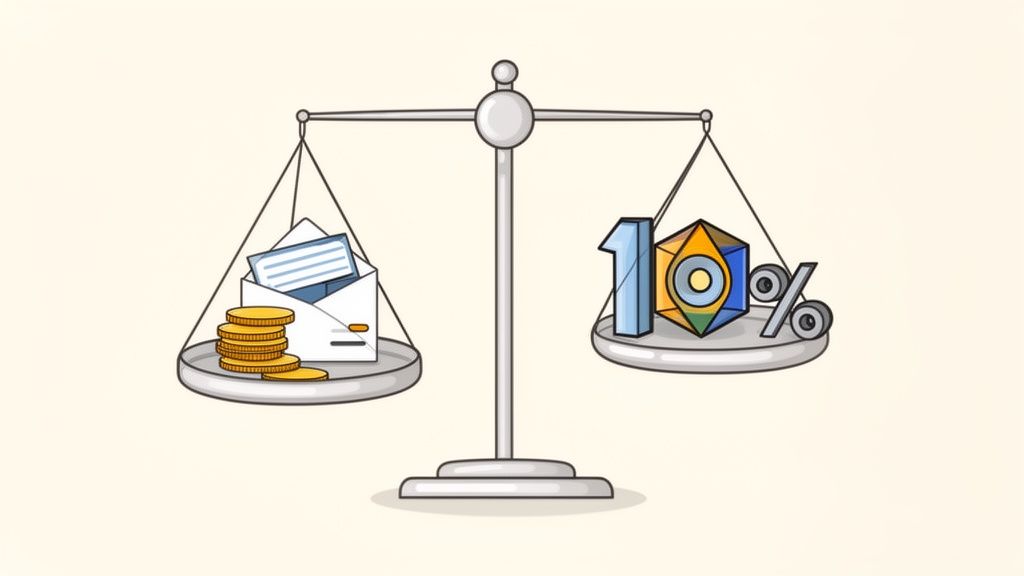 Une balance équilibrée avec de l'argent et des documents à gauche, et 10% à droite.