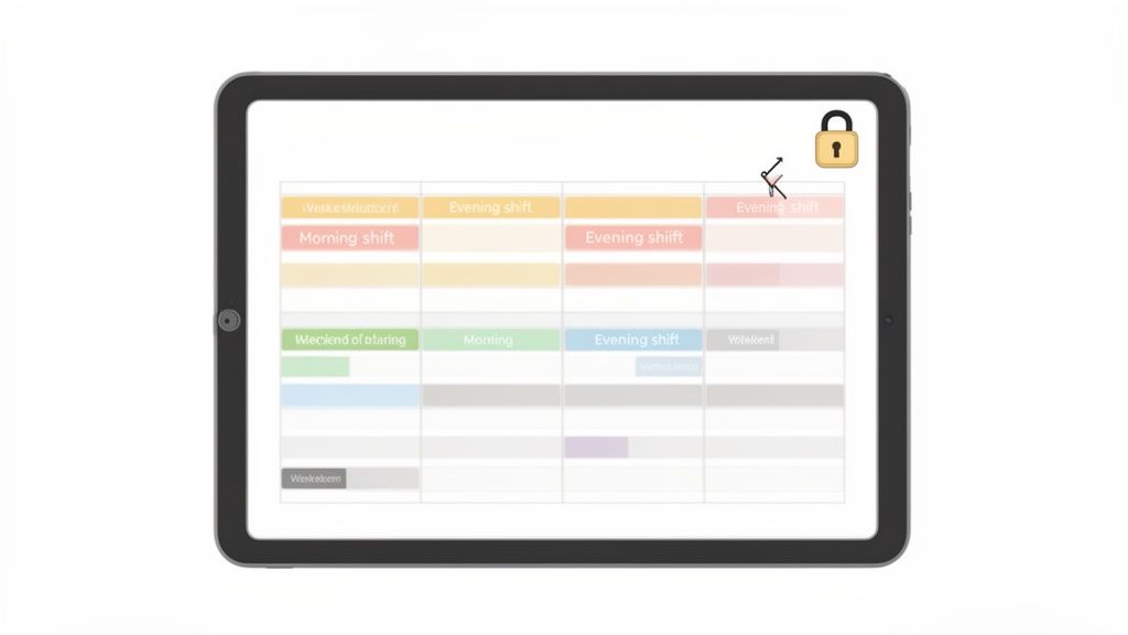 Une tablette affiche un calendrier de planification des équipes avec des quarts de travail colorés et un cadenas.